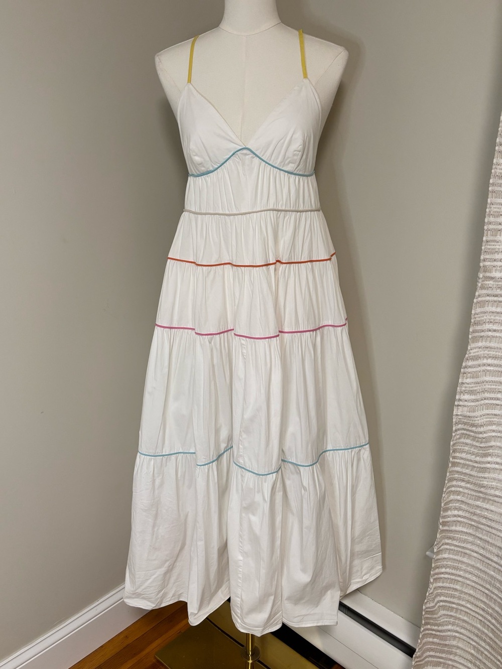 STAUD White Tiered Midi Dress Multicolor Trim Yellow Straps Size Medium